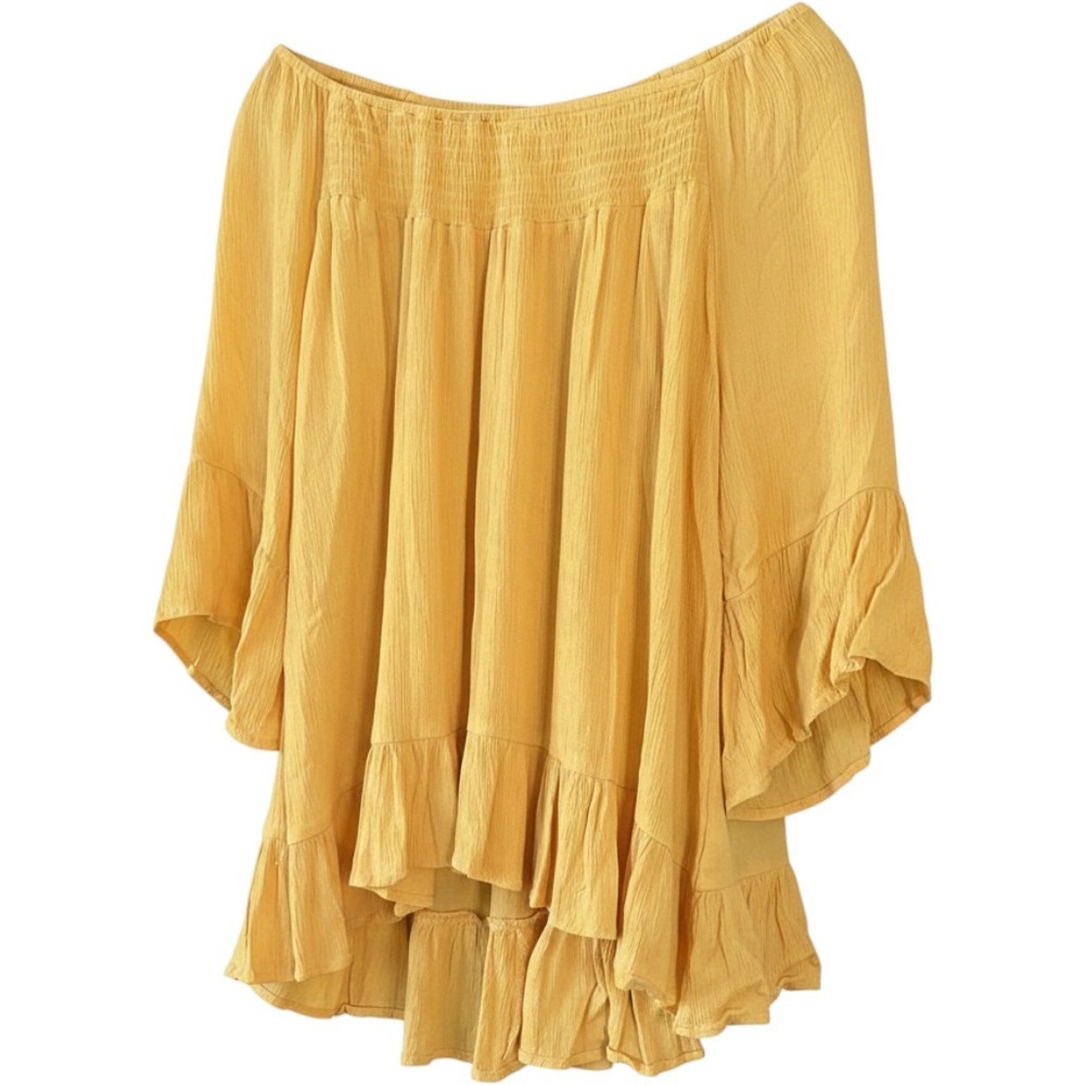 Style & Co Yellow Gold Smocked‎ Peasant Blouse Bell Sleeve Flowy Ruffle Boho PL